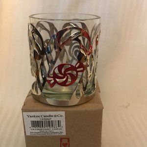 NEW IN BOX! YANKEE CANDLE CANDY CANE VOTIVE HOLDER GLASS WITH RED & SILVER METAL